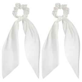 2 Pcs Knotted Bow Hair Ties Satin Hair Ribbon Scrunchies Elastic Hair Scarf Bow Knot Hair Bands Soft Bowknot Ponytail Holders with Tail for Daily Party White