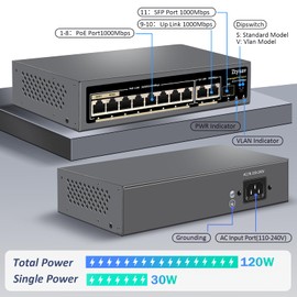 Ztyuav 11-Port Full Gigabit Unmanaged PoE Switch with 8 PoE+ Ports @120W, 2 Uplink and 1 SFP Slot-IEEE802.3af/at, QoS, PD Auto-Detection, 6KV Protection, VLAN Mode, Metal Fanless Plug and Play