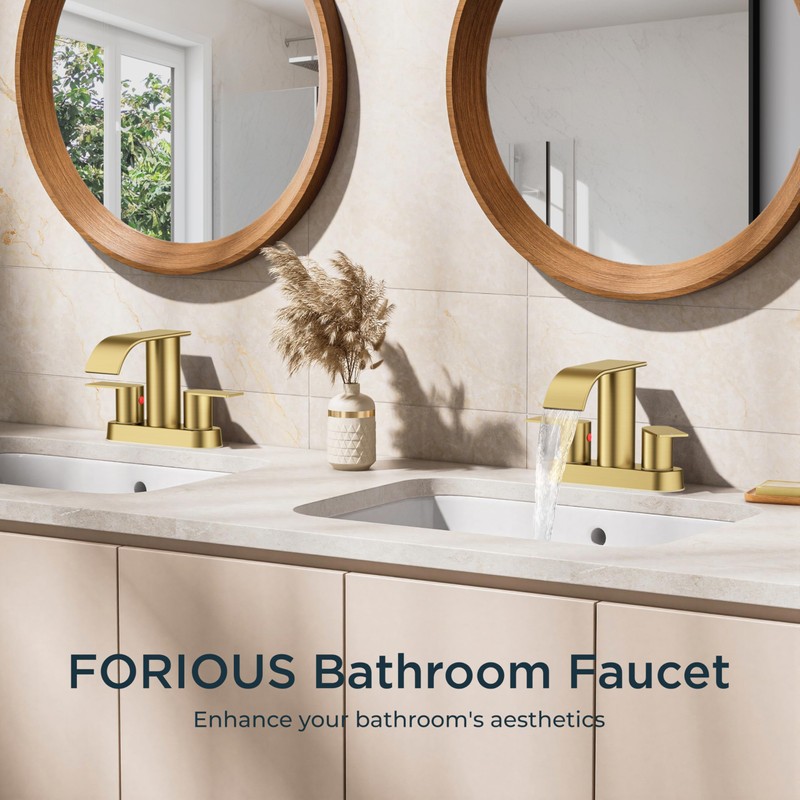FORIOUS Brushed Gold Bathroom Sink Faucet, Waterfall 4 Inch Centerset
