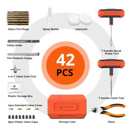 ETENWOLF Tire Repair Kit 42 Pcs, Heavy Duty Tire Plug Kit to Fix Punctures, Tire Repair Tool with Plugs for Car, Motorcycle, ATV, Jeep, Truck, Tractor, Gifts for Him Her Men Women, Vivid Orange