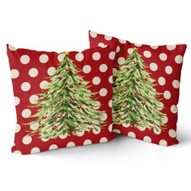 Christmas Pillow Covers 18x18 Inch Set of 2, Xmas Tree Green Red Colored Polka Dots Decorative Throw Pillow Cases Cushion Covers Winter Themed Holiday Decoration Gift Farmhouse Sofa Couch Bed Decor