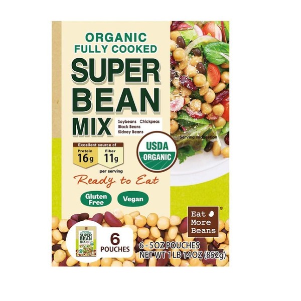 【Eat More Beans】Organic Fully Cooked Super Bean Mix | Steamed Bean, USDA Organic, Vegan, Healthy Natural Keto Food | Variety of Organic Edamame, Chickpea, Black Beans, Kidney Beans (6 Pack, 5 oz)