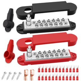 maierke 150A Bus Bar 12V Marine 1/4" Power Distribution Block Automotive Busbar Terminal Block,Battery Buss Bar (Pair, Red & Black) 1 x 1/4" Post 12 x #8 Screws Terminals
