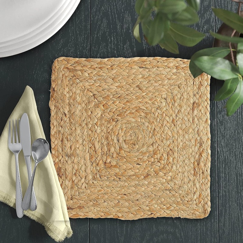 Jute Braided Placemats 12x12 Inches - Natural, Farmhouse Reversible Woven