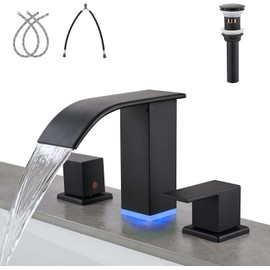 Kyatinsal LED Light Black Waterfall Bathroom Faucet 3 Holes - 8Inch Widespread Bathroom Sink Faucet | Two Handles Lavatory Vanity Sink Faucets with Pop-up Drain Assembly