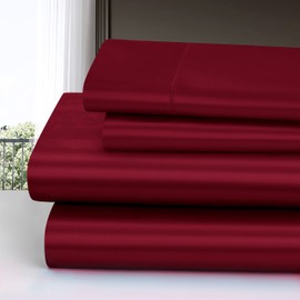 Homiest 4pcs Satin Sheets Set Luxury Silky Satin Bedding Set with Deep Pocket, 1 Fitted Sheet + 1 Flat Sheet + 2 Pillowcases (King Size, Burgundy)