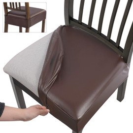 SearchI Waterproof PU Dining Chair Seat Covers Set of 4, Soft Removable Washable Seat Covers for Dining Chairs, Dining Room Seat Cover Slipcover Protector (Rear-Covered, PU Brown)