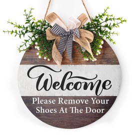 Take Off Your Shoes Door Sign Holiday Welcome Wood Plaque with Buffalo Check Plaid Bow 12in Please Remove Your Shoes Sign for All Seasons Farmhouse Home Front Porch Door Decoration