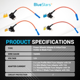 BlueStars 4-Type 12V Add-a-Circuit Adapter & Fuse Kit (12-Pack), Fuse Tap and Holder - Compatible withMini, Micro 2, Low-Profile Mini, Standard, Car, Truck, Boat
