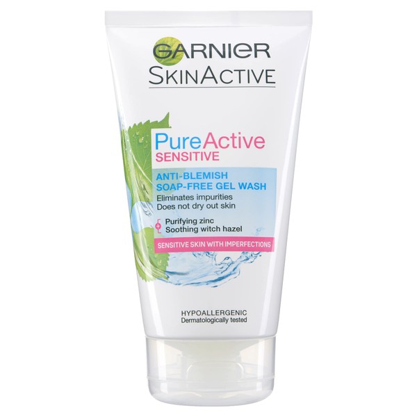 Garnier Pure Active Sensitive Anti-Blemish Face Wash 150ml, Face Cleanser For Sensitive Skin, With Purifying Zinc & Witch Hazel Water, Dermatologically Tested & Hypoallergenic