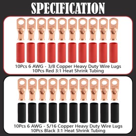20Pcs Battery Cable Lugs Kit(6 AWG-5/16+6 AWG-3/8) Heavy Duty Copper Wire Ring,Copper Terminals Connector Ends Lugs with 20Pcs 3:1 Heat Shrink Tubing