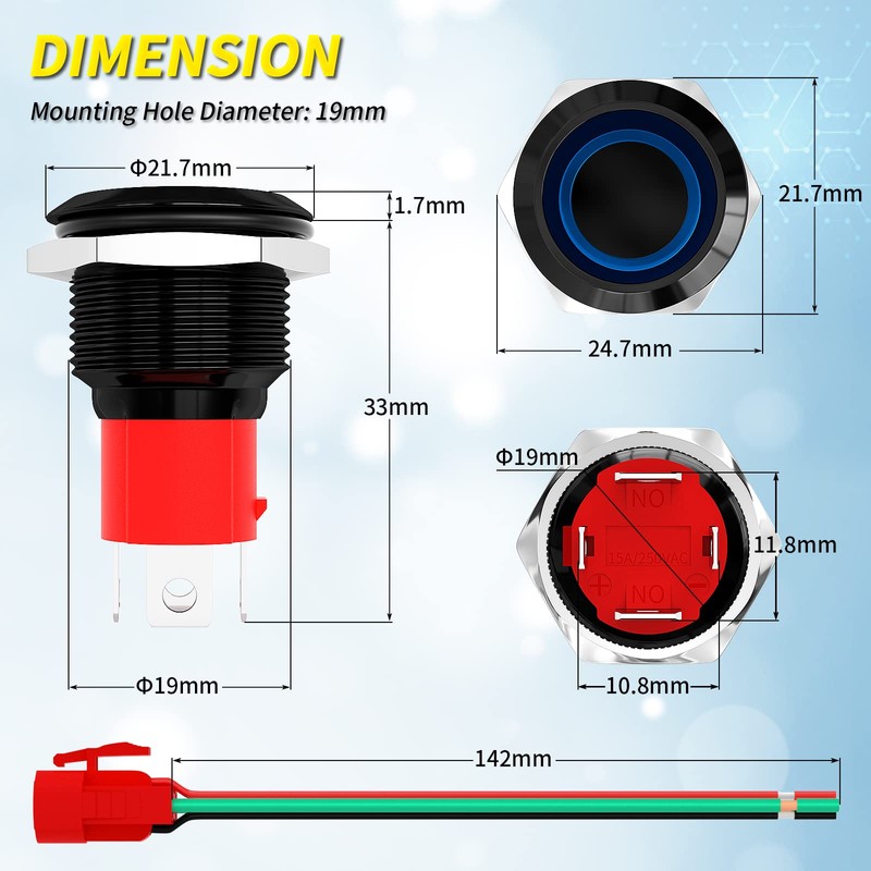 Joinfworld 20A 12V Push Button Switch Latching 19MM Pushbutton Switch