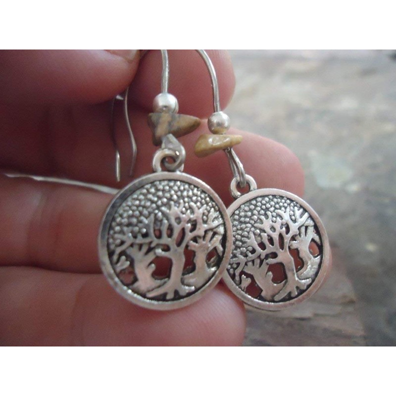 Laser cut ethnic forest jasper stone: long hook earrings