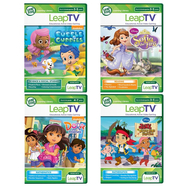 LeapFrog LeapTV 4PC Learning Set: Bubble Guppies, Dora & Friends, Jake & the Neverland Pirates & Sofia the First Picnic Games.