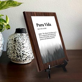 Pura Vida Definition, Wooden Frame 5x7 Decorative Wall Plaque With Easel Acrylic Stand | Elegant Forest Design | Inspirational Typographic Decoration