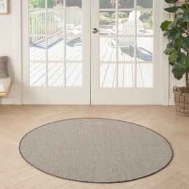 Nourison Courtyard Indoor/Outdoor Ivory/Charcoal 4' x Round Area Rug, Easy Cleaning, Non Shedding, Bed Room, Living Room, Dining Room, Backyard, Deck, Patio (4 Round)