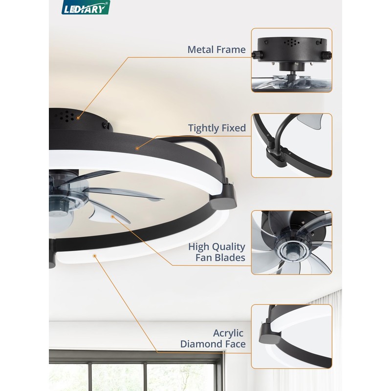 LEDIARY Ceiling Fans with Lights and Remote, 20'' Low Profile