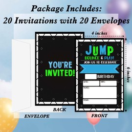 Gsauto Trampoline Jump Birthday Invitations for Boys, 20 Invitation Cards with Envelopes, Bounce House Invites for Party Decorations Favor Supplies - A22