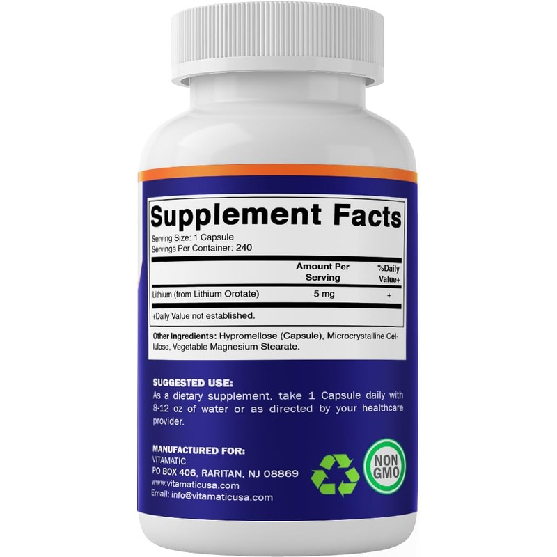 Vitamatic Lithium Orotate 5mg, 240 Veggie Capsules, Non-GMO, Gluten Free.
