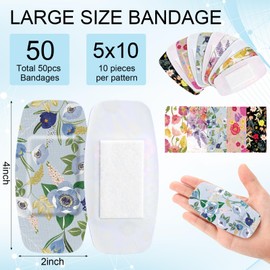 Geiserailie 50 Pcs Large Bandages, 2" x 4" Flexible Fabric Adhesive Wound Care, Cushioned, Waterproof, Latex-Free for First Aid & Protection (Vintage Flower)