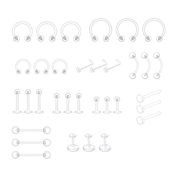JOYVOX 33pcs Clear Piercing Retainers - Nose Studs, Lip Rings,