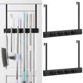 2 Pack Broom Holder Door Mount Black Broom Closet with 2 Over Door Hooks Over the Door Broom and Mop Holder Broom and Mop Organizer Wall Hanging with 4 Racks and 4 Hooks for Laundry Garage Closet Home
