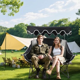 Imseigo Double Camping Chair with Adjustable Shade Canopy Oversized Portable Folding Loveseat Couch, 2 Person Soft Padded Couch Back Storage Bag Cup Holder for Outdoor Lawn Backyard