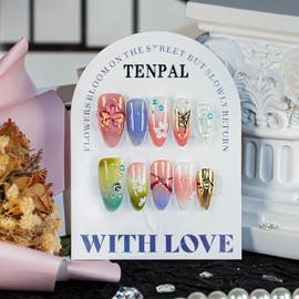 TENPAL Press on Nails Almond Glossy Pink Green Purple Summer Colors Fake Nails Wth Glue Hand-painted Flower Butterfly Pattern Ballet False Nails Press Ons Oval Acrylic Nails Glue on Nails Medium(S)