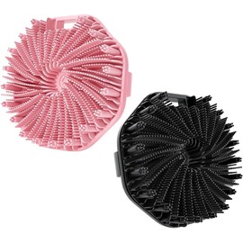 Cepillo de baño manual de silicona de dos piezas con su propia correa elástica para la mano, antideslizante, esmerilado, para fregar sin dolor (Black+Pink)