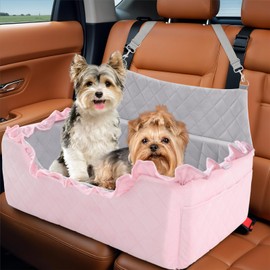 Dog Car Seat for Large Medium Dogs Under 55 lbs, Dog Booster Seat for 2 Small Dogs, Detachable Washable Pet Travel Bed with Thick Memory Foam Cushion, Safety Belt and Storage Pockets | Pink