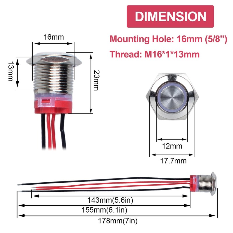DMWD 2Pcs 16mm Metal Latching Push Button Switch Waterproof 7Amp