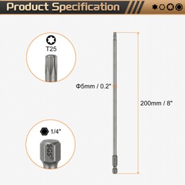 sourcing map 5pcs T25 Torx Head Screwdriver Bit 1/4" Hex Shank 8" (200mm) Long Magnetic No Hole Tip Tamper Proof 6 Point Star Screw Driver Drill Bits S2 Steel Industrial Power Screwdrivers
