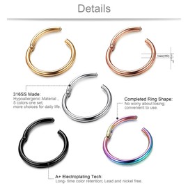 Kakonia 5 Pcs a Set 316L Stainless Steel Septum Piercing Nose Hoop Clicker Ring Hypoallergenic 16G 18G 20G