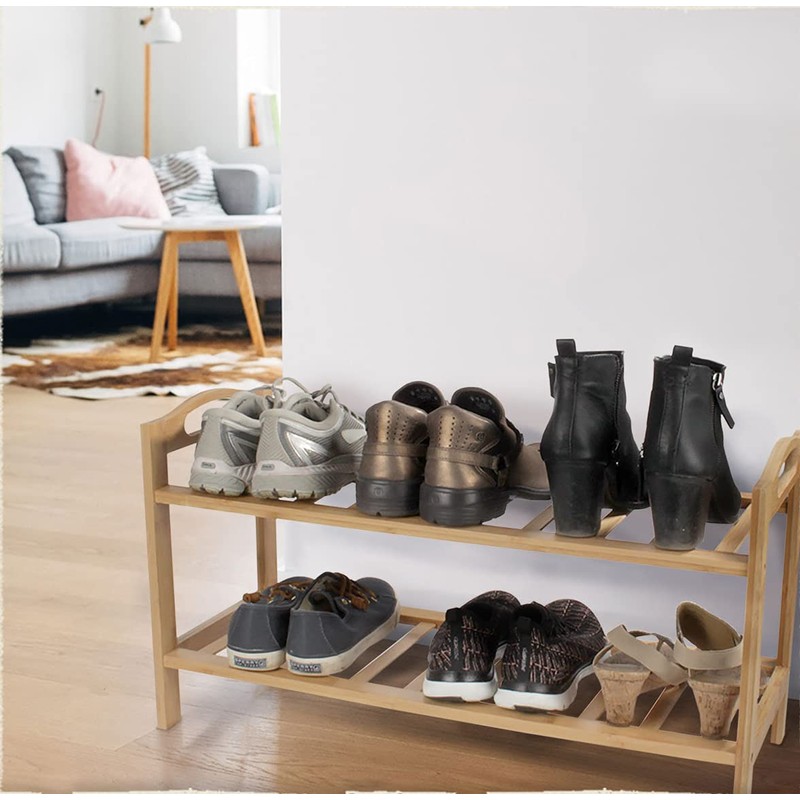 BambooMN 2-Tier Bamboo Wood Shoe Rack, for Entryway or Doorway