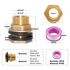 AIMEKE Pack of 2 Water Butt Feedthrough AG 3/4 Inch × Female 1/2 Inch Tank Feed-Through Brass Water Butt Fitting for Taps, Water Barrels, Water Tanks, with 2 Teflon Tape