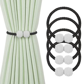 Magnetic Curtain Tie Backs, Magnetic Curtain Clips Rope Curtain Holder Buckles Small Bead Curtain Buckle Clips Rope Holders for Home Office Hotel Window Decoration (Black, 4-PACK)