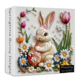 Easter Bunny Puzzle for Adults 1000 Pieces, Cute Rabbit with Spring Flowers, Butterfly and Decorative Egg Jewel Art Jigsaw Puzzle, Challenging Spring Garden Jigsaw Puzzle for Easter Lovers