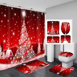 Hewego Shining Christmas Tree Bathroom Sets with Waterproof Shower Curtain Non-Slip Rugs Toilet Lid Cover and Bath Mats,Xmas Shower Curtain Rug Set with 12 Hooks,Christmas Tree Shower Curtain Sets