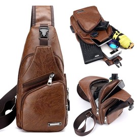 Unbranded Men‘s Leather Shoulder Chest Sling Bag Messenger Crossbody Daily Travel Backpack
