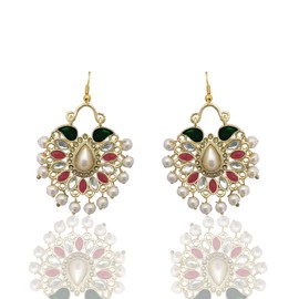 Moonstruck Traditional Indian Chandbali Kundan Hoop Earrings With Pearls for Women (Green & Pink)