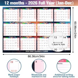 2026 Wall Planner Jan To Dec Full Year, 2026 Wall Calendar laminated Erasable With 4 Colored Marker 85 X 62cm, Double Sided Portrait & Landscape, Year Planner For Student Family School Office (Star)
