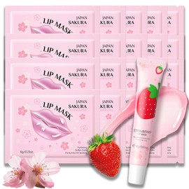 Cherry Blossom Lip Mask Set & Strawberry Lip Balm Set, Lip Care Sleeping Mask for Dry Lips, 20PCS Hydrating Sakura Lip Patches + 1 Plumping Lip Balm, Overnight Repair for Chapped Lips, Fades Lip Lines