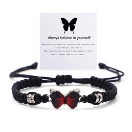 Always Believe in Yourself Butterfly Bracelet Cute Butterfly Charm Bracelet Purple Pink Red Black Blue Friendship Bracelet Adjustable Braided Rope Butterfly Bracelet Lucky Bracelet Friendship Bracelet Matching Bracelet Butterfly Jewelry for Women (Black)