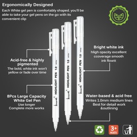 Brusarth White Gel Pens,8 Pack, 1mm Fine Point Opaque White Archival Ink Pens,Gel Ink Pen Set,for Black Paper Drawing,Card Making, Art Highlight & Artists Drawing