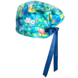CALOMED CALOMED Scrub Cap for Women, Euro Style Scrub Caps, Working Hat, Head Cover with Ribbons and Buttons, Long or Short Hair (Waterlilies)