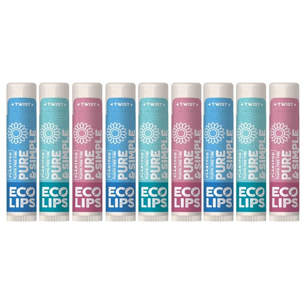 Eco Lips - Pure & Simple Raspberry, Coconut and Vanilla Organic Lip Balm 9-Pack (0.15 oz.) - 100% Natural. 100% Plastic-Free Plant Pod Packaging. Made in USA
