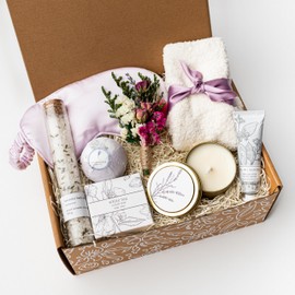 Deluxe Lavender Spa at Home Gift Basket for Women, Self Care Kit with Bath Salts, Candle, Soap, Hand Cream, Gifts for Her
