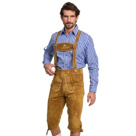 Bavarian Knee-Length Lederhosen for Men - Designed in Germany - Genuine Leather Pants with H-Style Suspenders, Color: Light Brown, US Size: 32