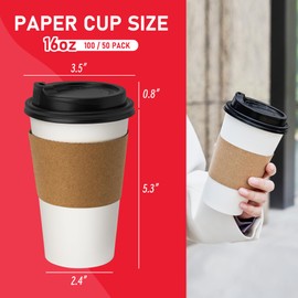 VPACKDUO 16 oz 50 Pack Coffee Cups with Lids and Sleeves, Hot Paper Coffee Cups with Lids, Disposable To Go Cup with Lid for Coffee, Tea, Hot Chocolate, Ideal for Cafes, Offices and Travel