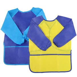 KZNKZN 2 Pack Kids Art Smock Toddler Children Painting Apron, Kids Apron, Waterproof Play Apron Long Sleeves With 3 Roomy Pockets Age 3-5 Years Girls And Boys For Painting, Craft, Eating(Blue+Yellow)